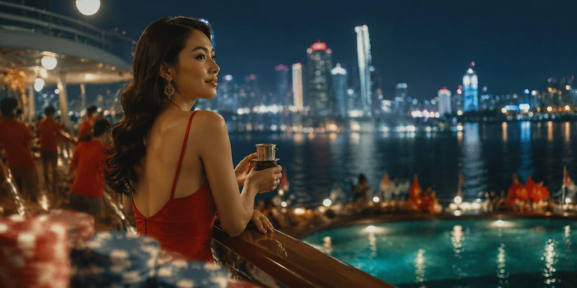 Cảnh vịnh Hạ Long ban đêm với không khí xổ số và jackpot trực tuyến
